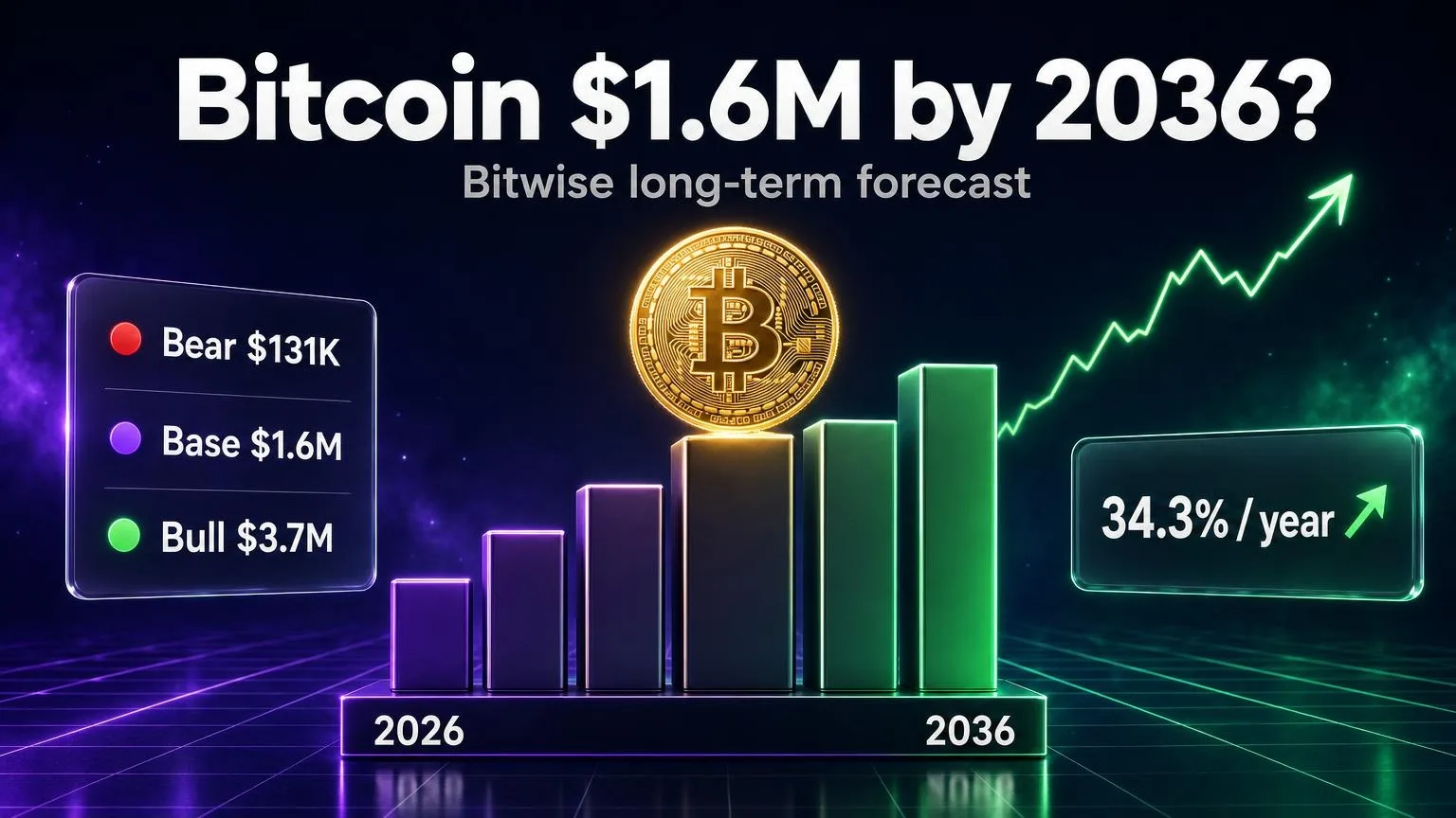 เหรียญบิตคอยน์เรืองแสงบนยอดกราฟขาขึ้นจากปี 2026 ถึง 2036 พร้อมข้อความ $1.6M