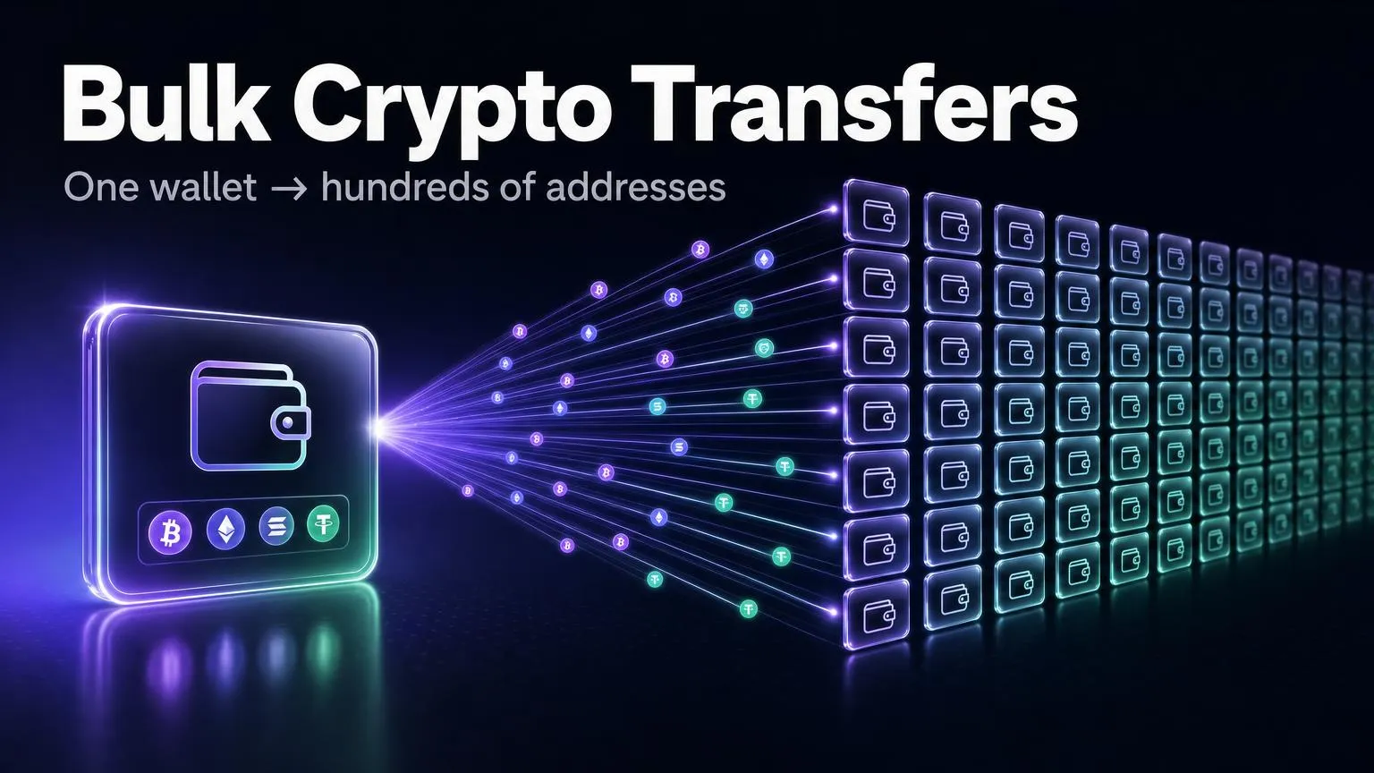 Eine Wallet sendet Krypto über viele Lichtstrahlen an ein Raster aus Hunderten von Wallets