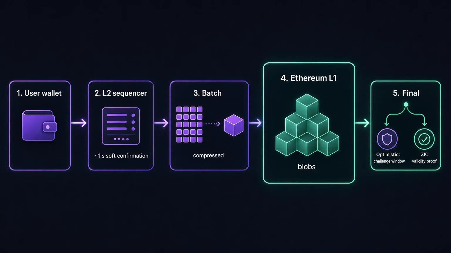 롤업 트랜잭션이 Ethereum에 도달하는 과정: 지갑, 시퀀서, 압축된 배치, blob이 포함된 Ethereum L1, 완결성