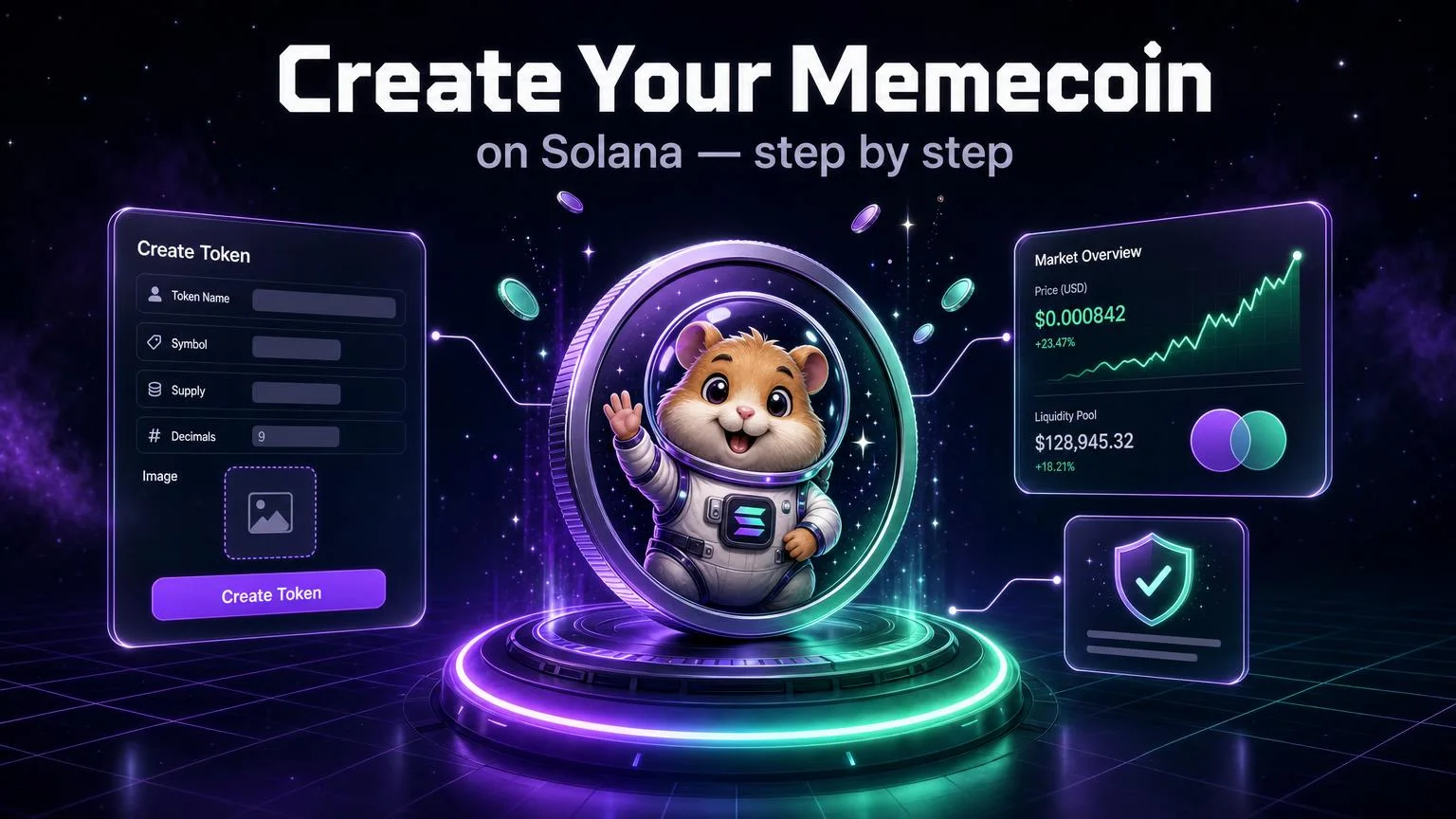 Un criceto astronauta in stile cartoon su una moneta luminosa sopra una rampa di lancio nei colori di Solana, tra un modulo di creazione token e un grafico dei prezzi