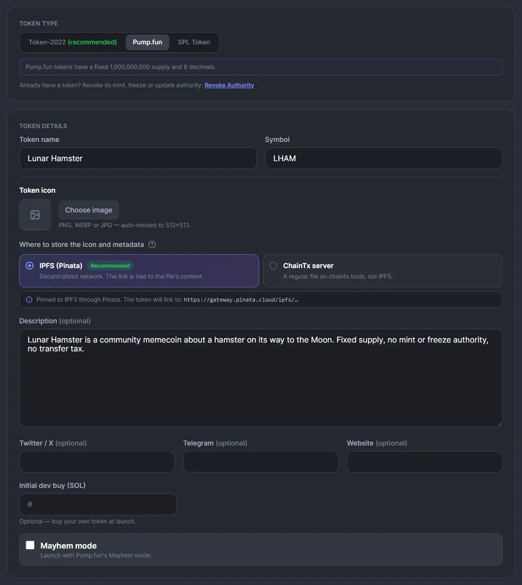 Il creatore di token Solana in modalità Pump.fun con il token di esempio Lunar Hamster
