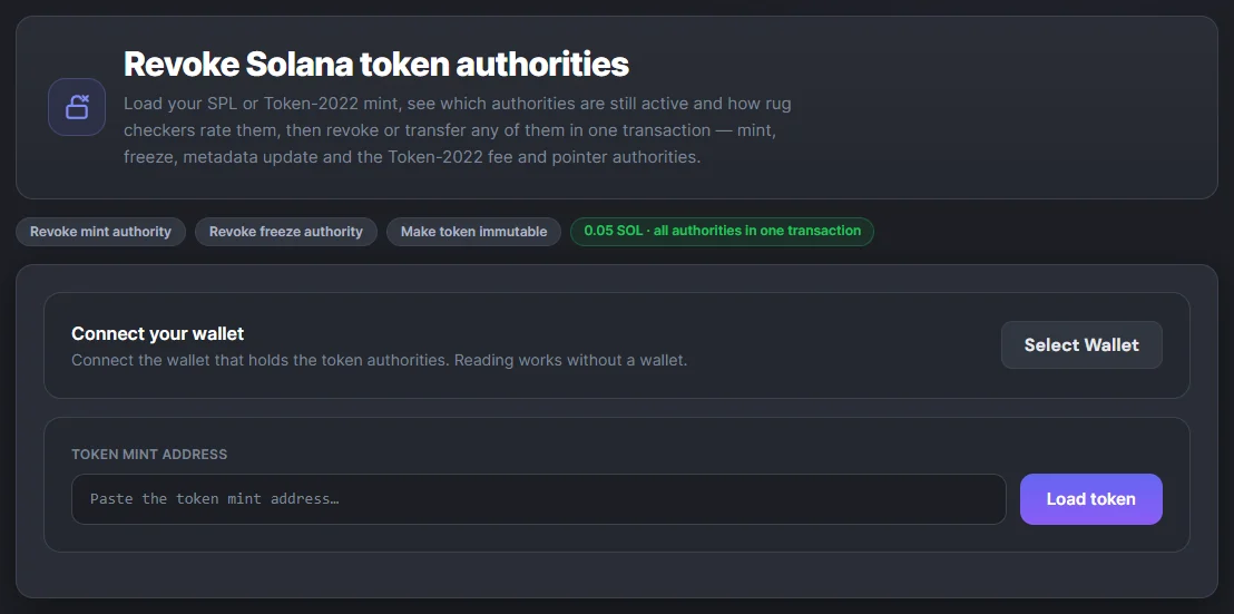 Lo strumento Revoca autorità per i token Solana
