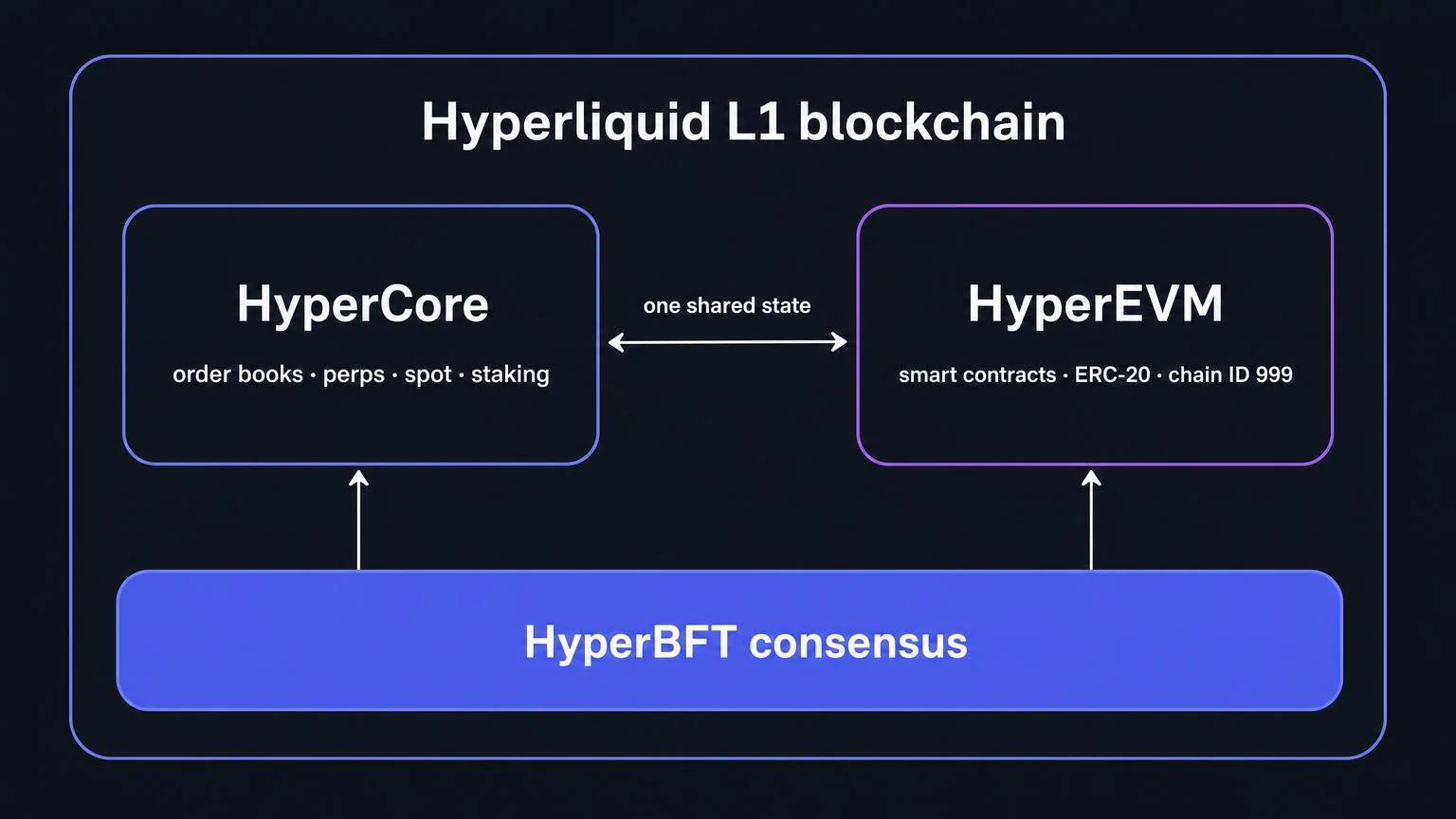 Hyperliquid 블록체인 구조도: 아래에는 HyperBFT 합의가 있고, 그 위에 하나의 상태를 공유하는 두 부분 — HyperCore(오더북, 무기한 선물, 현물, 스테이킹)와 HyperEVM(스마트 컨트랙트, ERC-20, chain ID 999) — 이 있습니다