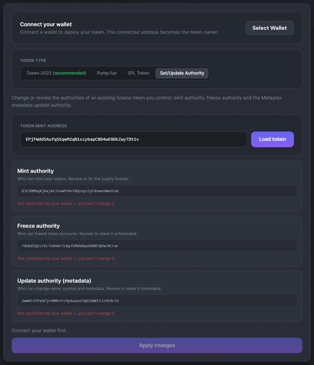 ChainTx.Tools Solana için Token Oluştur aracının Set/Update Authority sekmesi, USDC mint'i yüklenmiş halde