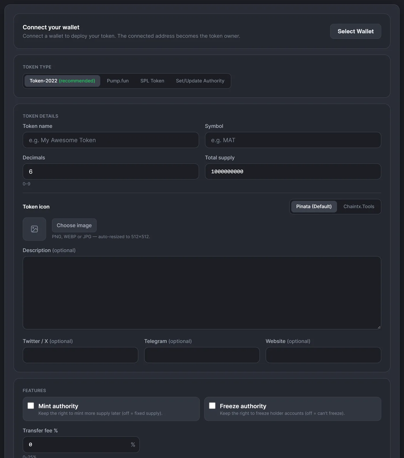 Crea Token di ChainTx.Tools per Solana con Token-2022 selezionato per impostazione predefinita
