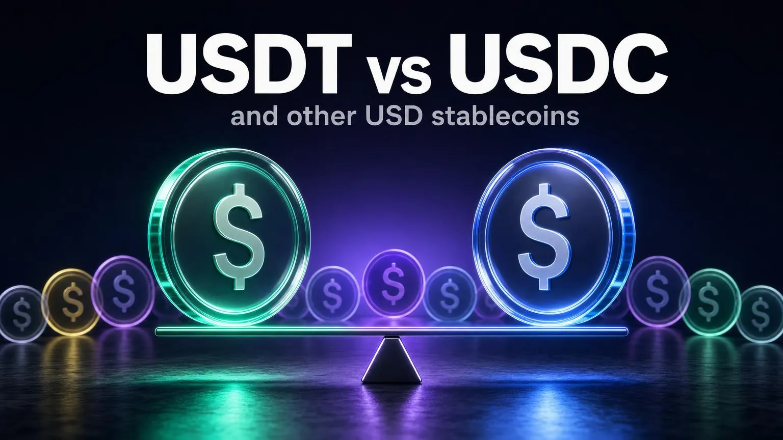 USDT vs USDC라고 적힌 저울 위에서 균형을 이루는 빛나는 달러 코인 두 개와 그 주위의 작은 스테이블코인들