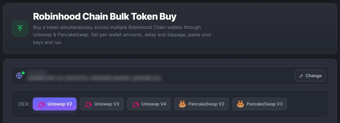 Acquisto in blocco di token su Robinhood Chain in ChainTx.Tools: scelta tra Uniswap V2, V3, V4, PancakeSwap V2 e V3