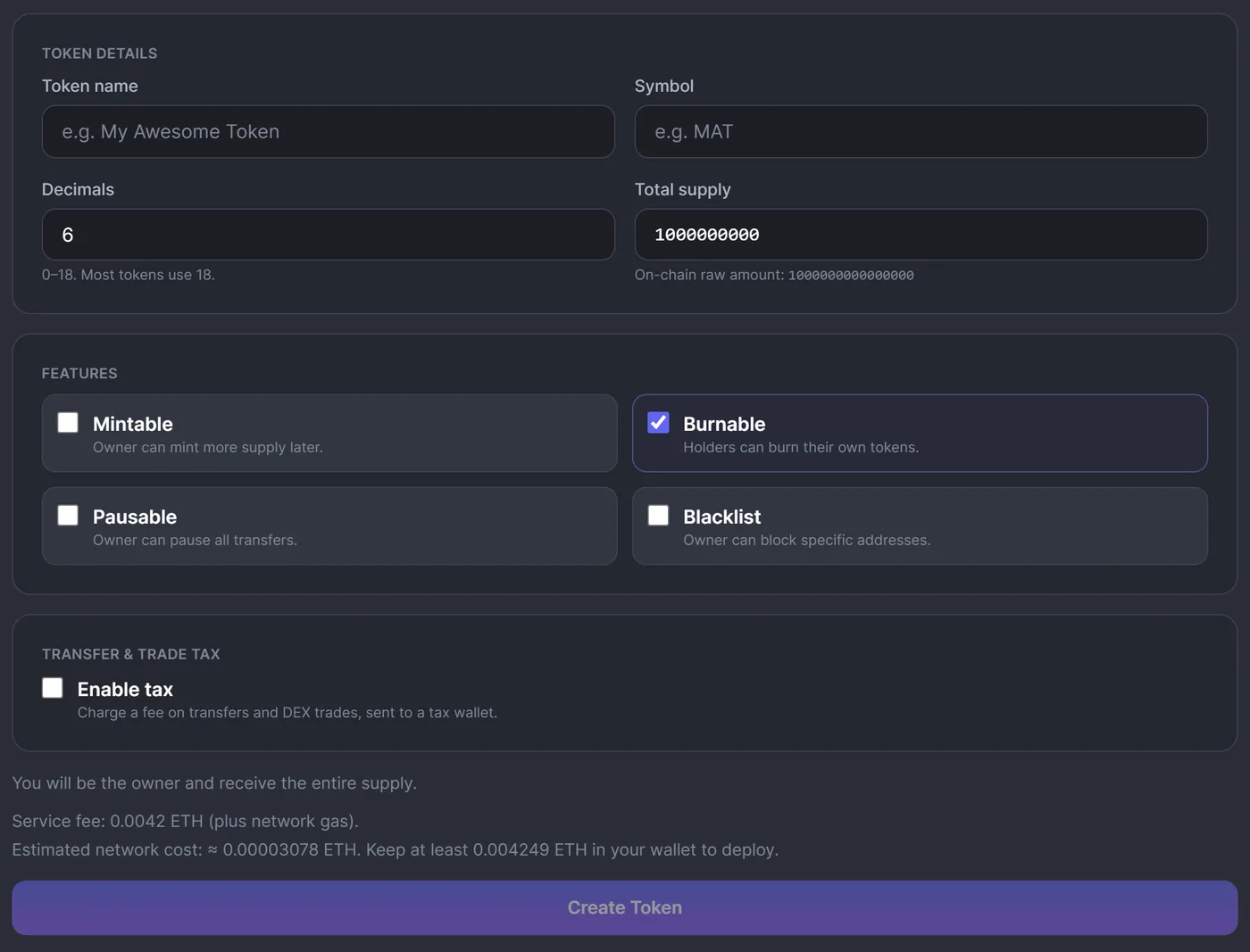 Crea Token di ChainTx.Tools per Robinhood Chain: dati del token, opzioni Mintable, Burnable, Pausable, Blacklist e tassa