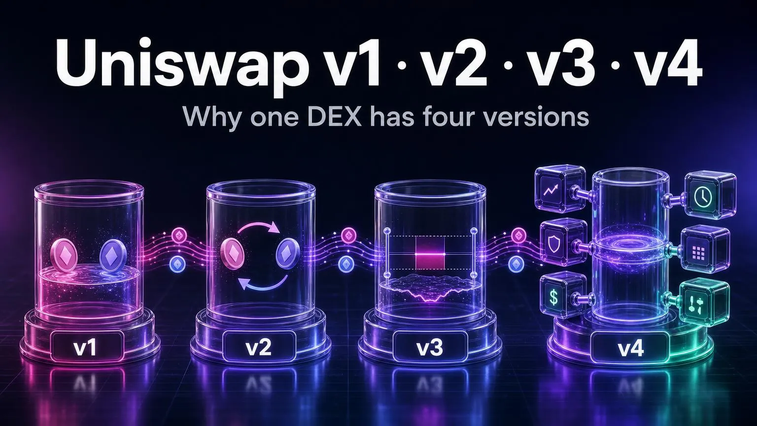 Quatre pools de liquidité en verre étiquetés v1, v2, v3 et v4, le dernier doté de modules de hooks enfichables, sous le titre Uniswap v1 · v2 · v3 · v4